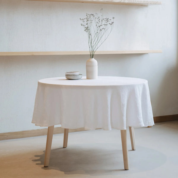 White Lightweight Linen Round Tablecloth